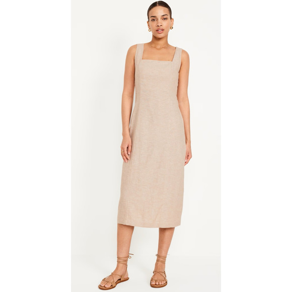 NWT Old Navy Linen Blend Midi Dress Tan Natural Smocked Back Square Neck Large - Picture 1 of 13